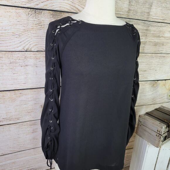 Greylin Lace Up Blouse Top Womens Size XS Black Long Sleeve Boat Neck - Picture 3 of 6